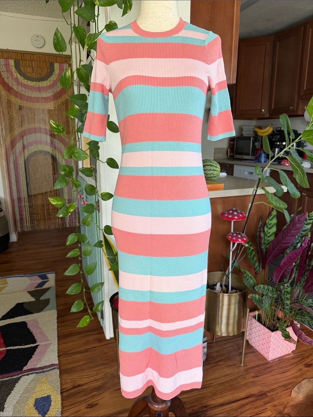 Aqua Striped Coral Pink and Aqua Knit Maxi Dress